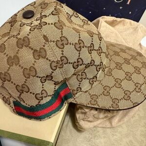 Gucci Tan Monogram Cap with Green and Red Stripe